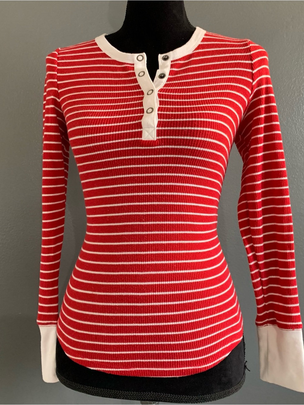 American Eagle Outfitters Red and White Striped Henley Long Sleeve Top